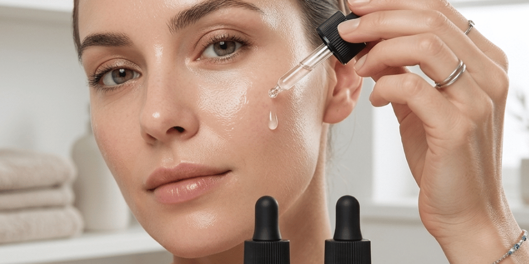 Aplicación de sérum de vitamina C en el rostro, paso clave de una rutina de cuidado facial antiedad